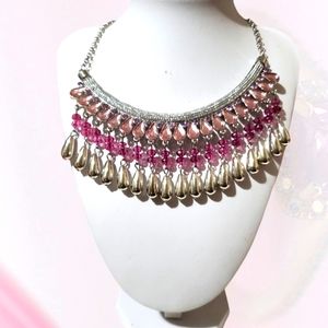 Big Bold Beautiful Pink Crystal Rhinestones Silver Teardrops Statement Necklace